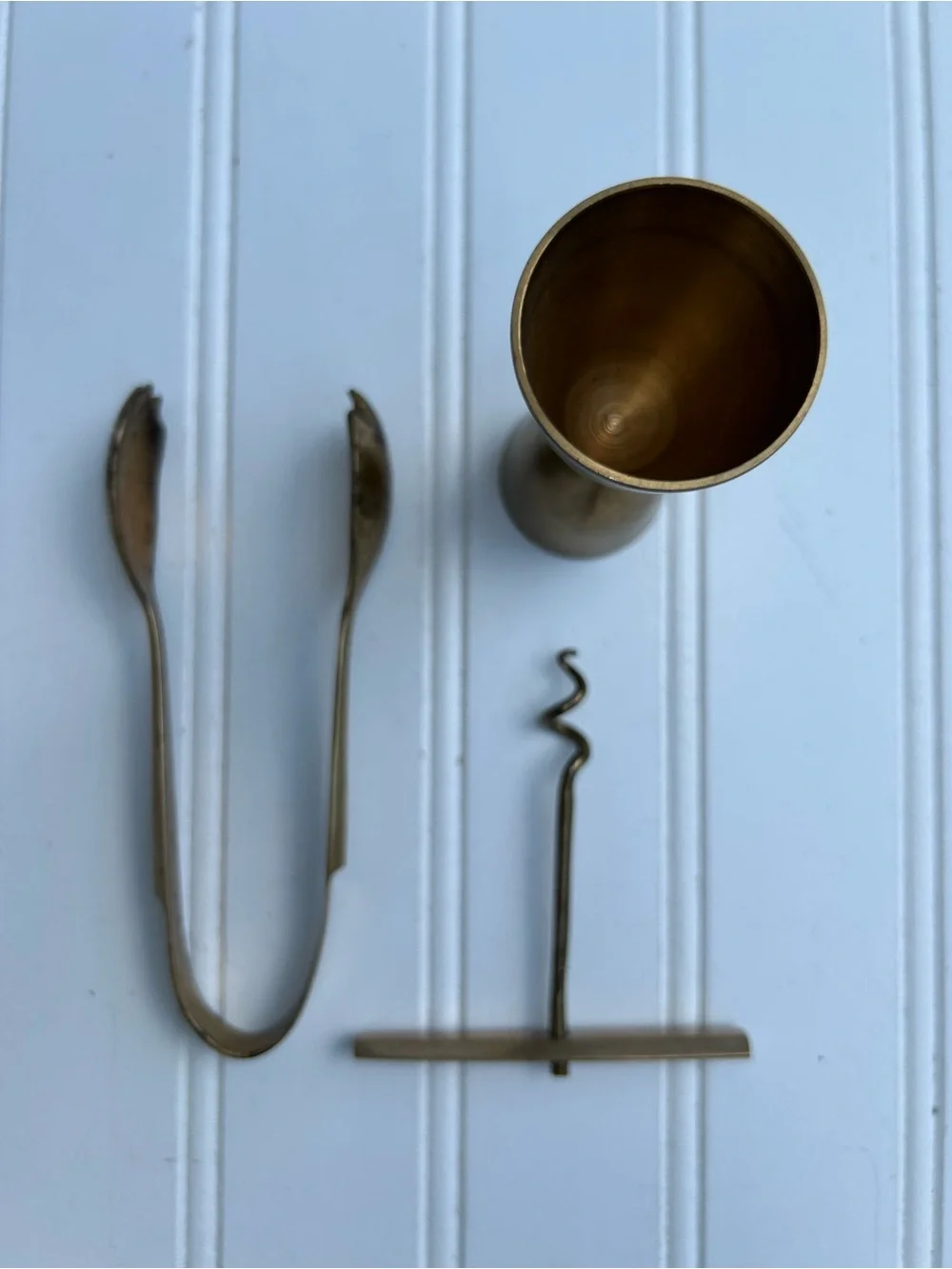 Vintage Brass Bar Tool Set Gold Color Cocktail Jigger Ice Tongs Corkscrew Lot 3
